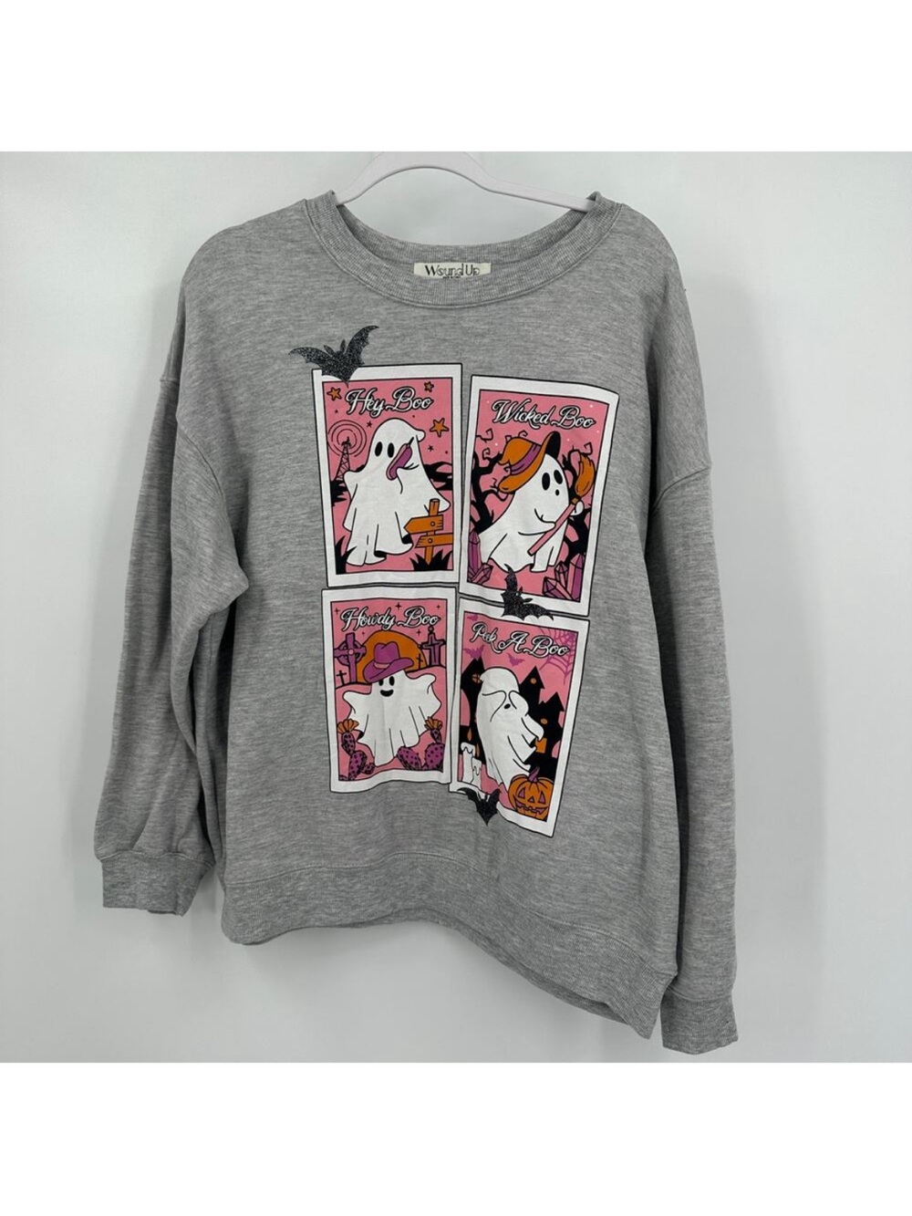 Wound Up Grey Crewneck Sweatshirt with Pink Ghost Panels XXS